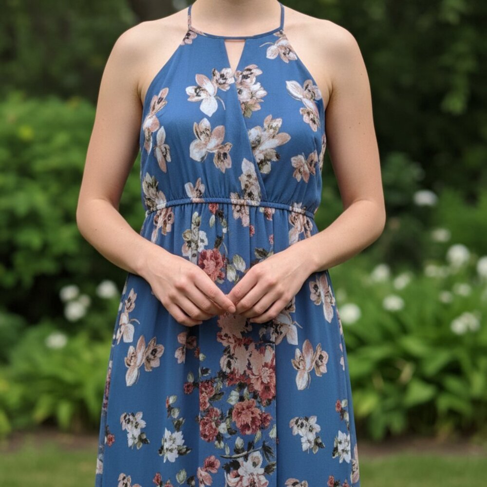 Flowy Blue Floral Halter Dress | Size S